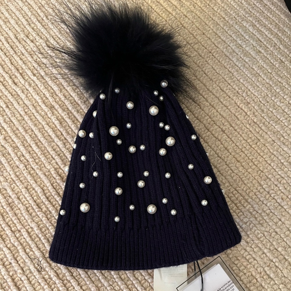 Navy with pearls Pom-pom hat